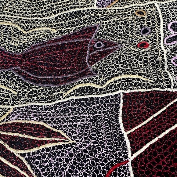 EFFECI Vintage Vest Embroidered Cotton Boho Fish Flowers Black Burgundy - Picture 10 of 11